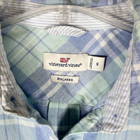 Vineyard Vines Pacific Plaid Relaxed Fit Brushed Cotton Linen Shirt Blue Size 6 - Picture 4 of 6